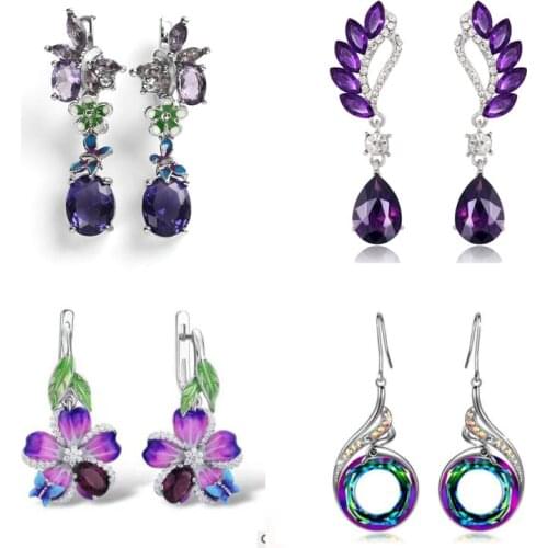 Milangirl New Epoxy Purple Flower with Zircon Stone Butterfly Long Stud Earrings for Women Fashion Jewelry Korean Earrings
