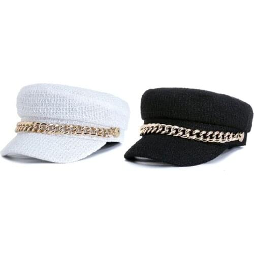 Womens Retro Plaid Weave Flat Top Beret Cap Metal Chain Rope Solid Color Elegant Adjustable Newsboy Visor Military Navy Hat