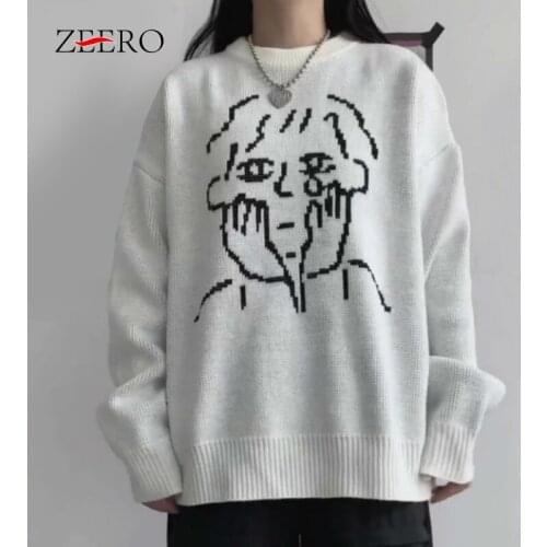Black Vintage Turtleneck Pullovers Sweaters for Women Harajuku Streetwear 2021 Autumn Winter Loose Cartoon Knitted Tops Jumpers