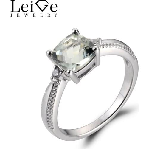Leige Jewelry Natural Green Amethyst Gemstone Cushion Shape Prong Setting Engagement Rings Romantic Gifts For Girls 925 Silver