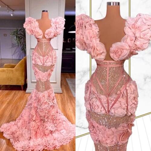 Large Quality Roses Flowers Luxury Middle East Aramex Free Shipping vestidos de noite Saudi Arabia Big Neckline Dress