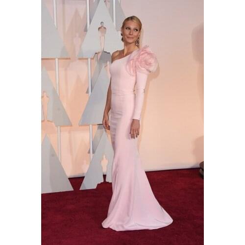 Long Sleeve Mermaid Pink Celebrity Dresses One-Shoulder Satin Flower Sashes Red Carpet Dresses Custom Made vestidos de novia