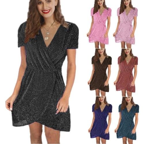 Shiny Dress Sequin Glitter Short Sleeve Sexy Mini Wrap Dress Summer Sukienka Deep V Neck Women Dress Summer 2021 Sexy Club Wear