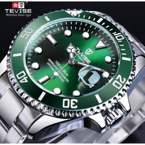 TEVISE Green Bezel Fashion Sport Waterproof Automatic Mechanical Watches Top Brand Luxury Calendar Luminous Male Clock Relogio