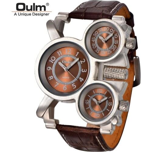 Oulm Watch Men Top Brand Luxury Unique 3 Small Dials Genuine Leather Strap 3 Time Zone Casual Quartz Wristwatches Relojes Hombre