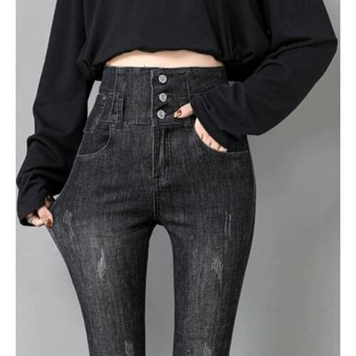 Zwart Grijs Stretch Skinny Jeans Vrouw Hoge Taille Drie Knoppen Potlood Broek Mujer Elastische Slanke Broek Femme Hoge Taille De