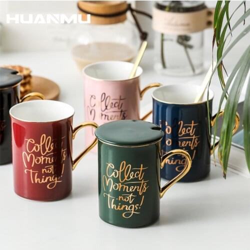 300mL Simple Letter Print Ceramic Water Cup With Lid Spoon Gift Box Coffee Milk Tea Mug Home Office Cups Gifts Creative Couples