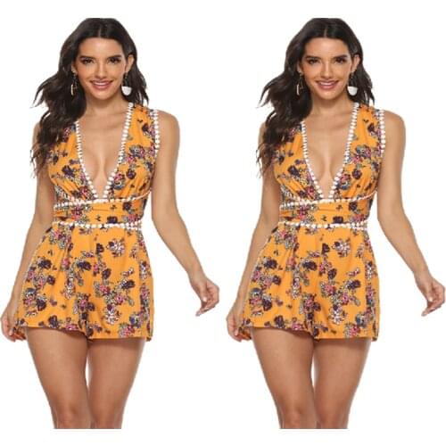 Fashion Casual Printed Camisole Jumpsuit Womens Summer Sleeveless Printed Onesie Halter Backless Sexy Shorts