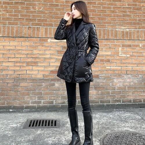 90 White Duck Down Suit Collar Lightweight Down Jacket Womens Mid-Length Shiny Korean Style Fashionable Waist Warm New Jacket