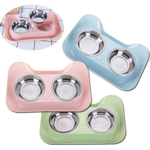 Cat Cute Double Bowls Non-slip Pet Elevated Stainless Steel Elevated Feeder Dog Puppy Feeding Food Dish Portable Pets Container