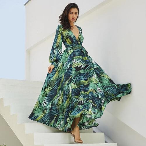 New Women Fashion Floral Printed Long Maxi Dress Summer Beach Plus Size Holiday Green Dresses Printed Beach Chiffon Maxi Dress