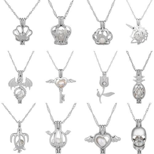 Silver Color Cage Pearl Pendant Necklaces with 45cm Link Chain Wish Natural Pearl Oyster Holder Chokers Necklace For Women