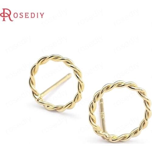 40426)10PCS 10MM 24K Gold Color Brass Twisted Round Circle Stud Earrings Pins Earrings Jewelry Making Supplies Diy Accessories