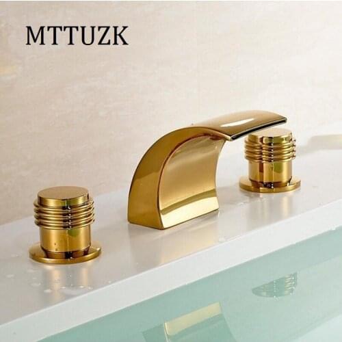 Vidric 3Pcs Waterfall Bathroom Gold-plated Faucet Basin Faucets Deck Mounted Bathroom Tap 2 Handles 3 Hole Faucet Mixer Crane 3