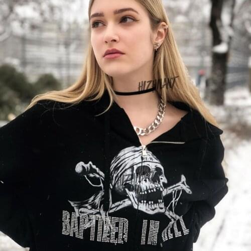 Rhinestone Skull Print Oversize Hoodies Female Zip Up Long Sleeve Womens Sweatshirt Y2K Aesthetic Autumn Winter Grunge clothing