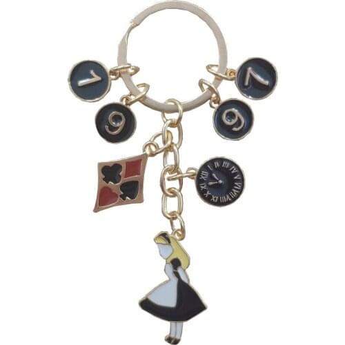Unique Enamel Alice in Wonderland Rabbit Bunny Clock Style Birth Year Keychain Key Ring Jewelry Anniversary Day Gift