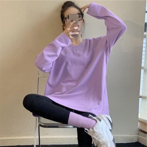 Summer 2021 new womens Fashion Top plus size Korean O-neck long sleeve purple T-shirt