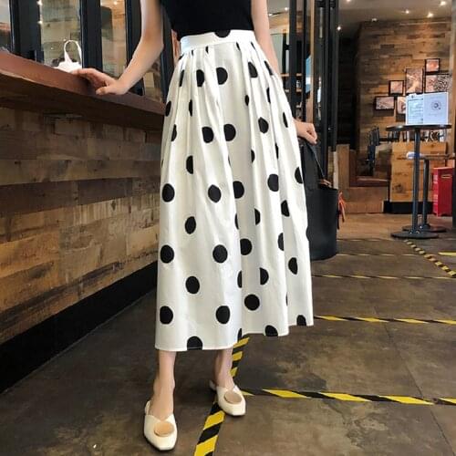 Vintage Polka Dot Print Long Summer Skirt Women Fashion 2021 White Apricot High Waist Skirts Holiday Female Saia