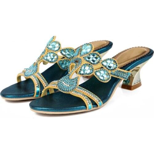 Women Summer Thick High Heel Horse Shoe Slippers Luxury Rhinestone Slippers Casual 6 cm High Heel Slippers