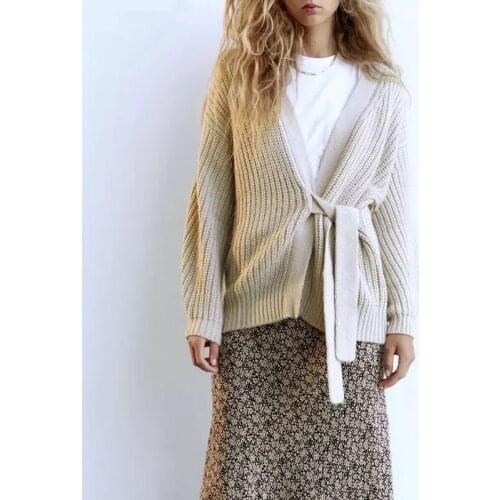 2021 Za Bow Knitted Cardigan Women Wrap Beige Sweater Cardigan Woman Autumn Fashion V Neck Sweater Long Sleeve Jacket