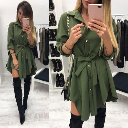 Wrap Spring Irregular Tie Waist Shirt Dress Women Dress Long Sleeve Turn Down Collar Army Green Red Bandage Short Mini Dresses