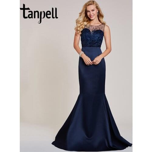 Tanpell mermaid evening dress luxury dark navy sleeveless floor length gown women appliques beaded formal long evening dresses