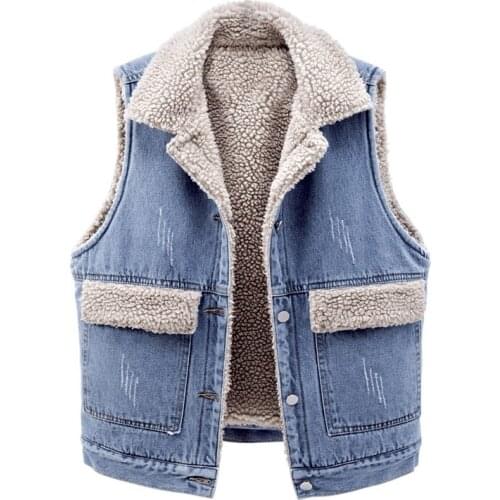 Waistcoat Autumn And Winter New Korean Loose Big Pockets Sleeveless Lambswool Denim Vest Jacket Thick Warm Cotton Coat y1274