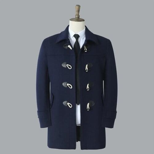 Winter mens woolen coat casual horn buckle пальто мужское lapel windbreaker mid-length back slit clothes design blue grey