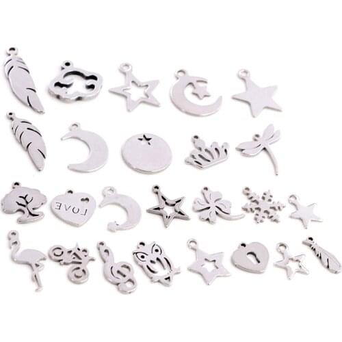 30pcs/lot No Fade Charms 316 Stainless Steel Feather Leaf Moon Star Heart For necklace pendant charms diy jewelry making
