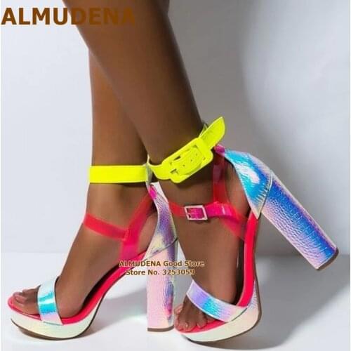 ALMUDENA Hologram Iridescent Silver Snakeskin Chunky Heels Pink Clear PVC Patchwork Sandals Platform Neon Yellow Dress Shoes