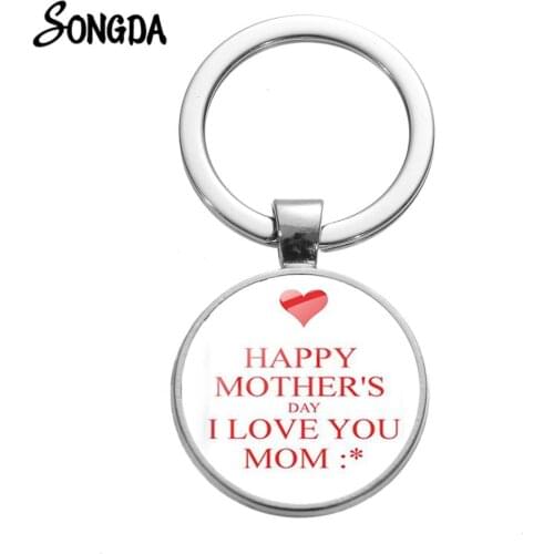 Happy Mothers' Day Glass Keychain I Love You Mom Letters Metal Key Chain Christmas Gift Cartoon Creative Printed Keyring