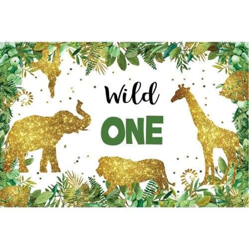 Wild Animals Golden Elephant and Giraffe Happy Birthday Backdrop Party Room Decor Photo Booth Studio Prop