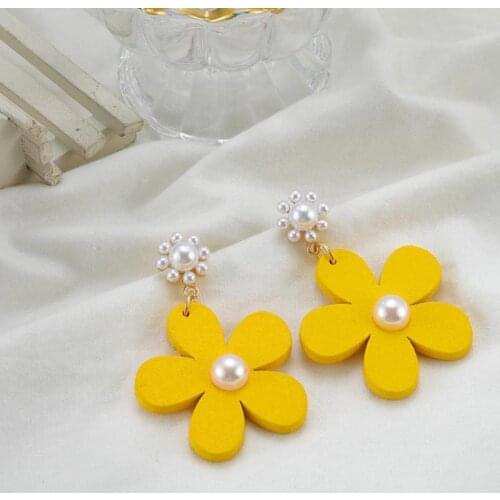 Fashion Personality Yellow Flowers Simple Pearl Temperament Net Red Earrings Long Pendant Crystal Earrings Jewelry Accessories