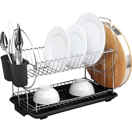 Stainless steel double-layer drain dish rack kitchen tableware drain rack small apartment home dish storage rack