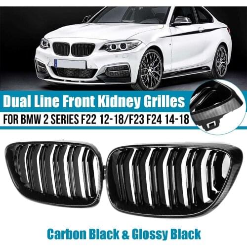 Pair Car Carbon Glossy Black Dual Line Slat Front Kidney Grilles Replacement For BMW 2 Series F22 2012-2018 F23 F24 2014-2018