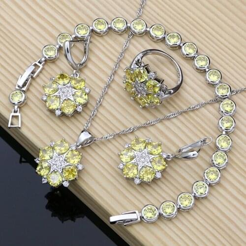 New Fashion 925 Sterling Silver Jewelry Sets Yellow Zircon Crystal for Women Wedding Earrings Rings Set Dubai druzy jewelry