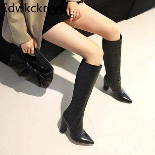 Winter The New fashion Pointed High heels Knight boots black white Red wine Simplicity temperament Thick heel Women boots 34-48