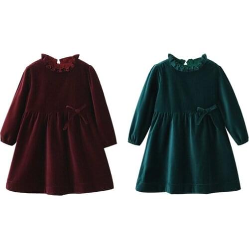 Girls Long Sleeve Flowers Side Round Neck Solid Color Fleece Knee Length Dresses With Bowtie Decor Princess Dress