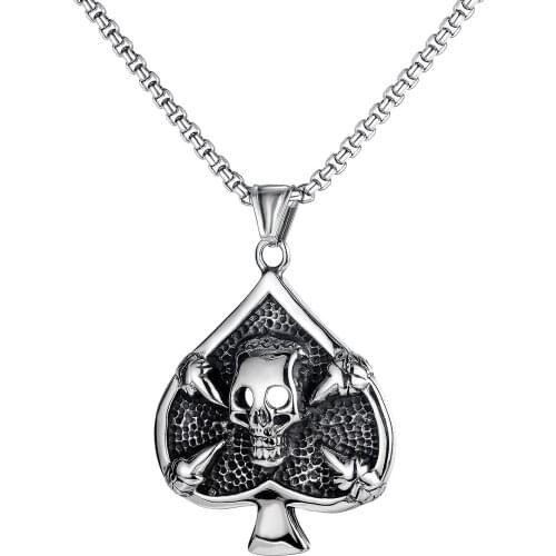 Punk Retro Spades Skull Pendants Mens Necklaces Gothic Hip Hop Stainless Steel Jewelry Statement Accessories Necklace Wholesale