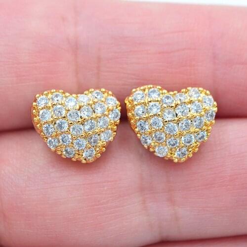 Gold Color Women Fashion Clear White Zirconia CZ Love Hearts Stud Earrings Jewelry