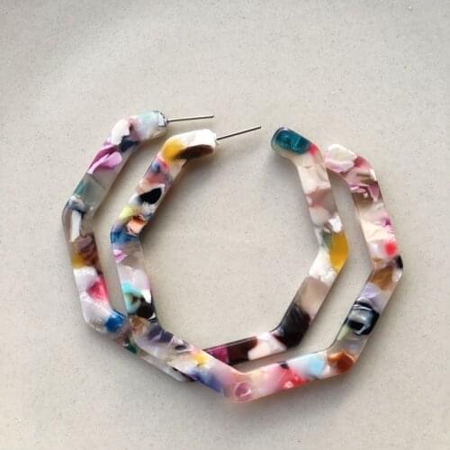 UJBOX Geometric Polygonal Acetate Earrings for Women Large Blue Leopard Colored Acetic Acid Hoop Earrings Factory Wholesale