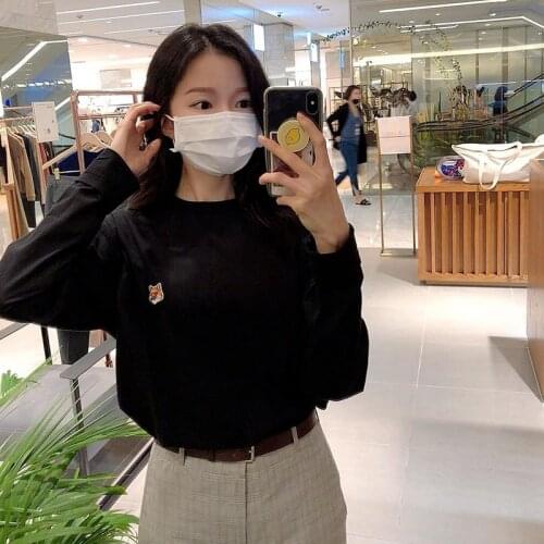 100% Cotton Tops Early Autumn Style Loose White Black Round Neck Little Fox Long-sleeved T-shirt