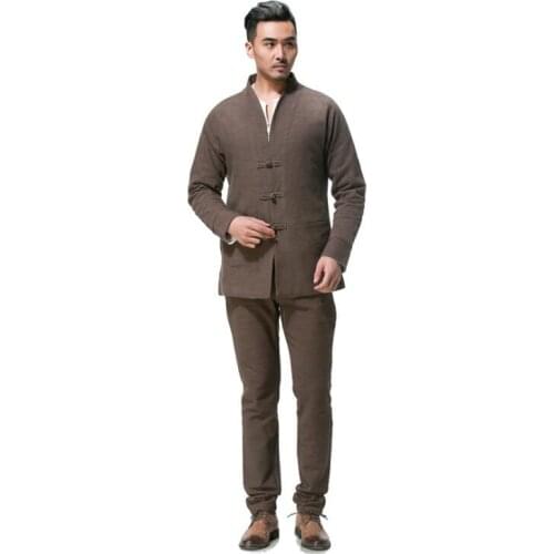 Vintage middle-aged Chinese tunic suit mens jacket men long sleeve blazer man flax coats mens Tang suit stand collar spring