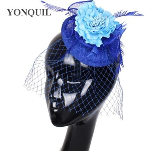 Elegant Bride Mesh Headwear High Quality Fascinators Nice Feather Hair Accessories Sinamay Hats Wedding Millinery Cap Net Flower