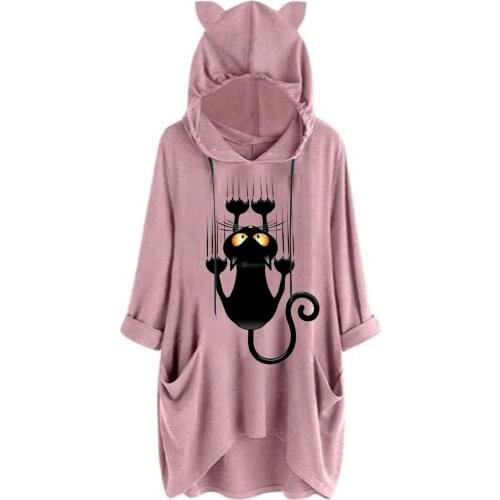 Fashion Hoodies Women Casual Kawaii Print Cat Ear Hooded Long Sleeves Irregular Top Blouse Oversized Hoodie Moleton Feminina