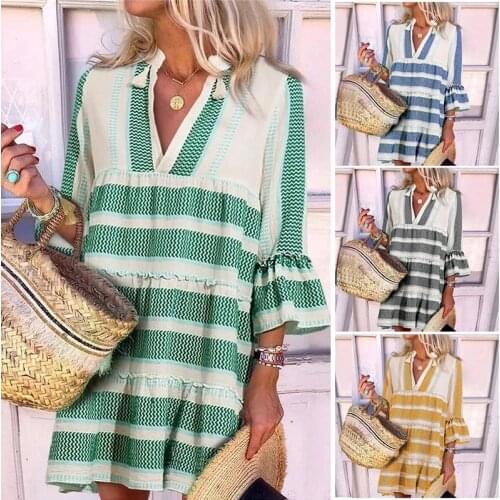 2020 Womens Printed Flare Sleeves Above Knee Casual Dresses V-Neck Loose Fit Vacation Maxi Dress for Every Day