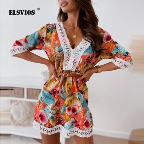 Lace Hollow Out Petal Women Mini Dress 2021 Summer V-neck Half Sleeve A-line Dress Retro Floral Print Lady Elegant Party Dresses