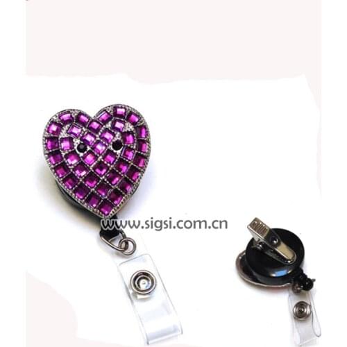 100pcs 42mm Rhinestone purple heart Retractable Reel / ID Badge Holder for Valentines Day