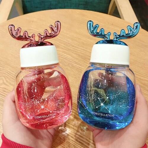 Water Cup Cute Elk Gradient Transparent Glass Bottle Christmas Antlers Color Creative Cup Lid Mini Girls Kids Favorite Gift Cup