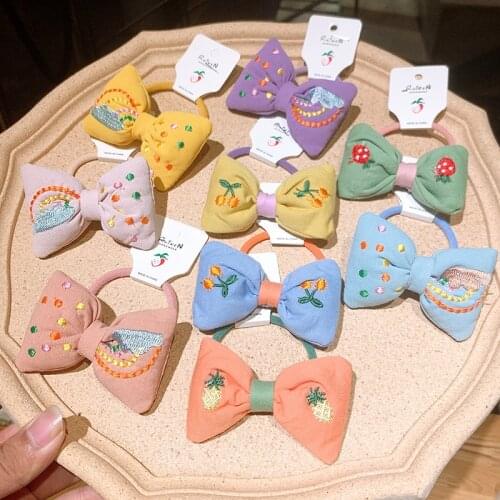 Korean Version Of Childrens Fabric Bow Hair Tie Cute Baby Embroidery Fruit Cherry Hair Rope Girl Rubber Band Hair Accessories